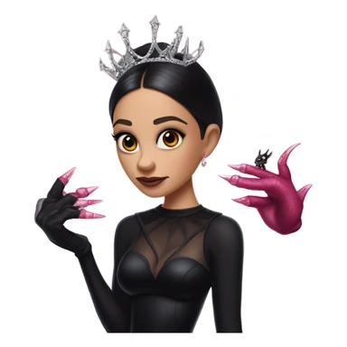 low cut back black evening gown with see-through gloves, Jenna Ortega as Addams woman prom queen wearing a mini tiara, very large blood  pink evil-looking horned old dragon companion sticker