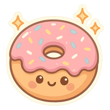 chibi sticker-style donut with sparkles, cute and exaggerated sticker