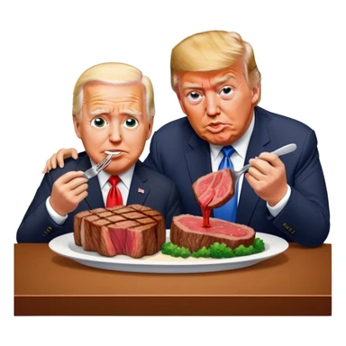 photorealistic Donald Trump and Biden eating a steak shaped like an piece of land sticker