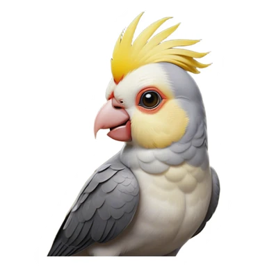 Cinematic Noble Cockatiel Portrait Emoji, Poised and regal, with a slender, delicate build and a beautifully groomed grey fur accented by vibrant yellow cheek patches and a graceful crest, deep-set soulful dark eyes, Simplified yet sharp and sophisticated features, highly detailed, glowing with a soft, dignified glow, high shine, intelligent and charming, stylized with an air of elegance, focused and attentive, soft glowing outline, capturing the essence of a watchful and confident avian companion, so majestic it feels as though it could flutter out of the screen with effortless authority! sticker