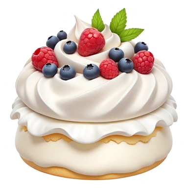 Cinematic Realistic Pavlova Dessert Emoji, showcasing a delicate meringue dessert topped with fresh fruit rendered with lifelike texture and soft natural lighting. sticker
