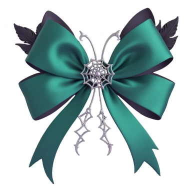 gothic bow, midnight green silk, silver spiderweb brooch, black feather accents, mysterious and lush sticker
