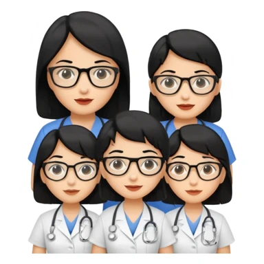 Genera emogis de 4 cuatro enfermeras de cabello negro, una con lentes sticker