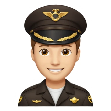 A light-skinned man with short brown hair, brown eyes, and a cheerful smile, wearing a dark pilot cap with a gold emblem. sticker