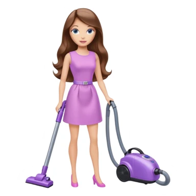 beautiful barbie girl with long brown hair, blue eyes and wearing light purple clothes, cleaning and vacuuming sticker