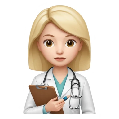 3D memoji female doctor holding clipboard and pen, slightly strict but kind facial expression, educational vibe, white medical coat, isolated PNG sticker
