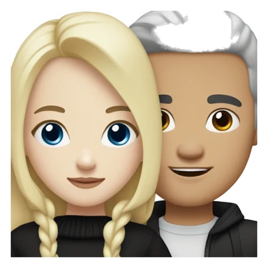 Blonde girl with blue eyes in black sweater and an east asian with light skin man with black hair and black eyes hugging sticker