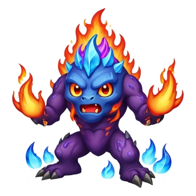 a mystical fast lava creature without arms with molten lava on its head and some rocky shoulders, fire crystals, blue flames, fire legs, no background, purple flames, mystical eyes sticker