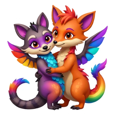 black female raccoon dragon hybrid with rainbow colored wings and purple eyes giving a big hug to a red female fox dragon hybrid with rainbow colored wings and orange eyes sticker