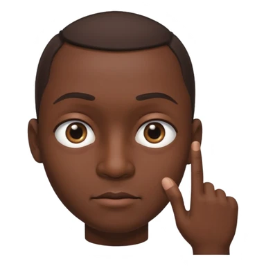 Male with a big round head, dark skin, eyes looking to the side, pointer finger touching the outside corner of the eye sticker