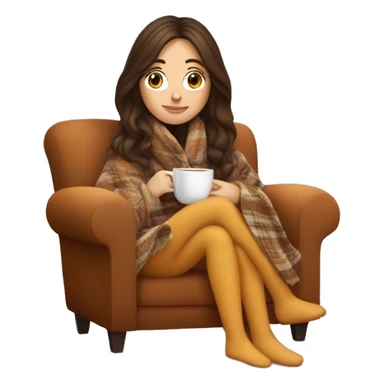 Brunette white girl covered in blanket autumn vibe sitting on a cozy chair holding coffee sticker