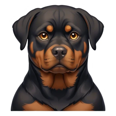 Cinematic Noble Rottweiler Portrait Emoji, Poised and regal, with a powerful, muscular build and a sleek, well-groomed coat of rich black with tan markings, deep-set soulful brown eyes, Simplified yet sharp and sophisticated features, highly detailed, glowing with a soft, dignified glow, high shine, intelligent and commanding, stylized with an air of authority, focused and attentive, soft glowing outline, capturing the essence of a watchful and fearless guardian, so majestic it feels as though it could stride out of the screen with effortless authority! sticker