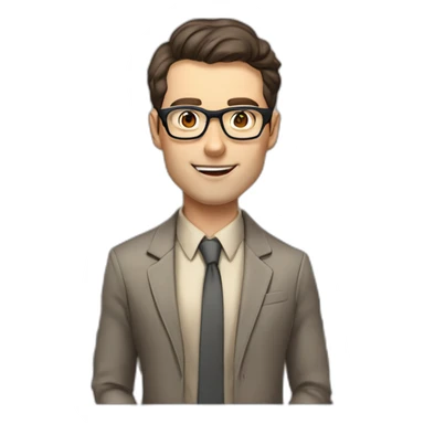Pale skinned fit man teacher with dark brown hair in gray jacket, beige office shirt, brown tie, brown pants and vintage glasses Draws on the marker board sticker