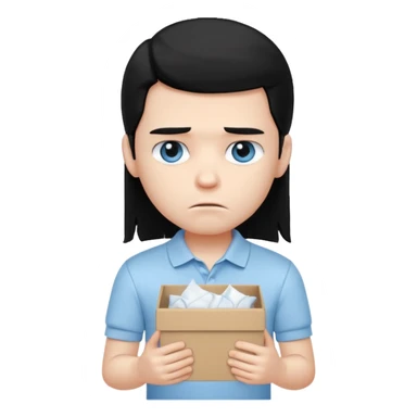 generate a pretty bratz boy with long black hair, wearing a white polo shirt. Looking sad, holding a box of tissues sticker