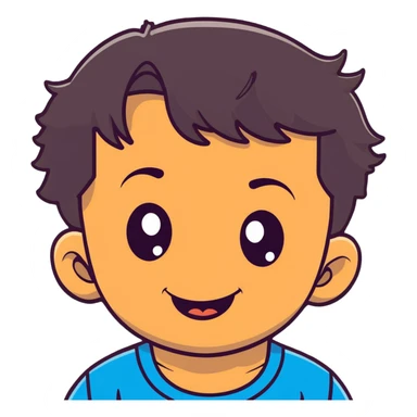 close-up of round smiling toddler boy face only with big eyes, medium skin tone, dark wavy hair, no neck visible, just the face sticker