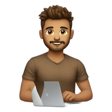 Not fat but fit Wearing a shirt No glasses Cute programmer on his laptop looking front with a brown quiff as a hair and brown eyed with a bit of a beard sticker