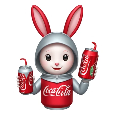 Red soda can as its head and a body resembling a bottle can . The can has large, friendly eyes and a smiling facial expression. The character’s bunny long ears are also red, and it has sliver accents on either side. The body displays the Coca-Cola logo prominently. sticker