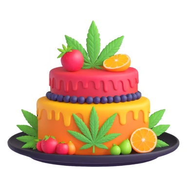 colorful frosted fruit cake with cannabis leaf on a plate sticker