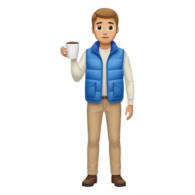full length man with white long sleeve shirt and blue puffy winter vest WITH NO POCKETS holding a coffee mug in front of him and nothing in his other hand sticker
