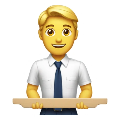 A man with white shirt navy blue tie raising a board sticker