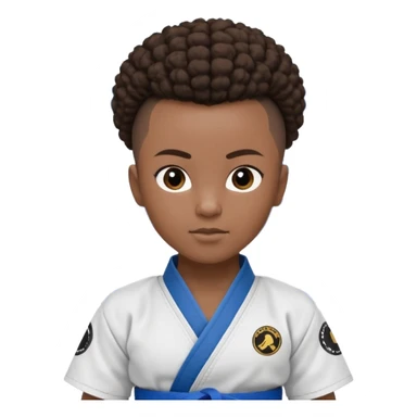 black karate instructor with pony tail afro hair and shaved bald sides haircut, Make the hair brown and the belt blue. Add the roger Gracie academy logo on the go also and the p logo of progress jiu jitsu on the right arm at the top sticker