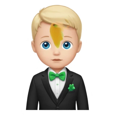 baby boy blue eyes, in suit, with green bow sticker