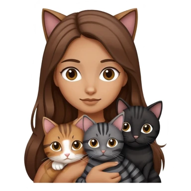 tan girl with long brown hair holding two cats, one black cat and one grey-striped cat sticker