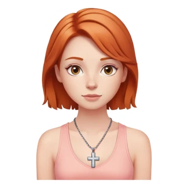 Auburn ginger haired girl with eyelashes wearing a cross necklace and a light coral pink tank top sticker