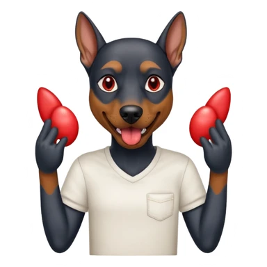 Generate a emoji of a big evil doberman dog with red eyes and a tongue sticking out, give the doberman a human body with a white shirt and baggy jeans sticker