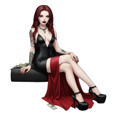 Lilith symbol red eye seductress evil long brown haired sexy succubus woman with leather long dress with slit, sitting in Big Large F350 pickup truck. Black Platform high heels on feet. Tattoo sleeve arms, seat full of stacks of cash, and a man dead human skull of her enemies and a gun in other hand sticker