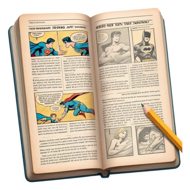 Create a detailed emoji representing the process of writing texts for comic books. The design should feature a large, open comic book with vintage comic strips visible on its pages. A pencil should be shown writing text on one of the comic panels, but without a hand. The pencil should appear as though it is actively creating the dialogue or narration. Use a classic color palette with muted tones for the comic book and brighter accents on the pencil to draw attention to the writing process. Do not include any emojis or smiley faces. Make the background transparent. sticker