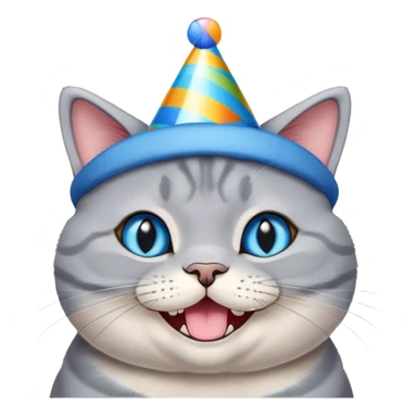 Happy British shorthair blue cat with a big smile wearing a colorful birthday hat sticker