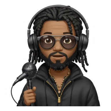 African American man with shoulder length black dreadlocks with black beard wearing dark black sunglasses wearing a black bubble coat with headphones on rapping into a recording studio microphone sticker