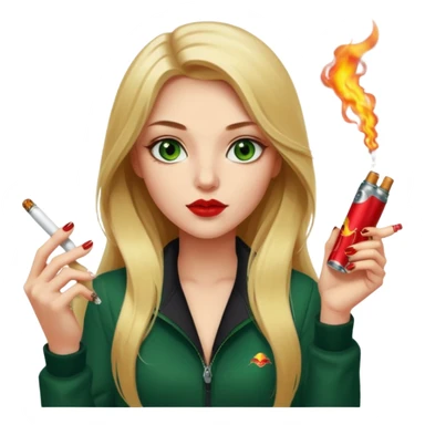 white, honey blonde long hair pretty girl with green eyes, smoking a cigarette and a red bull in hand, dark red nails, looking cool  sticker