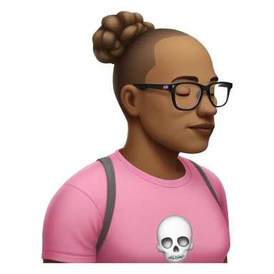  A man with a shaved skull in a pink t-shirt and glasses kisses on the lips a woman with long hair tied in a bun and bangs sticker
