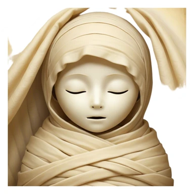 A snug, cozily wrapped mummy, fully encased in soft, slightly loose bandages, even its face gently hidden behind folds with only a tiny glimpse of sleepy eyes, nestled in warm, faded tones with gentle golden accents, simplified yet irresistibly charming, highly detailed with a soft glowing outline capturing the peaceful aura of an ancient being drifting into rest! sticker