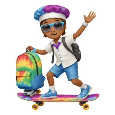 ["A happy boy with brown skin, straight hair, wearing a chef hat and sunglasses, dressed in hippie fashion, is skateboarding while holding a backpack."] sticker