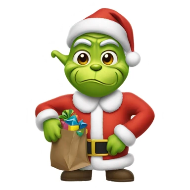 Grinch wearing Santa outfit with a bag of toys sticker