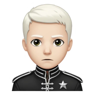 Head and shoulders emoji of a pale man with short white hair, wearing a black marching band jacket with silver trim. black eyeliner. Expression stoic, commanding, and theatrical, heroic emo style sticker