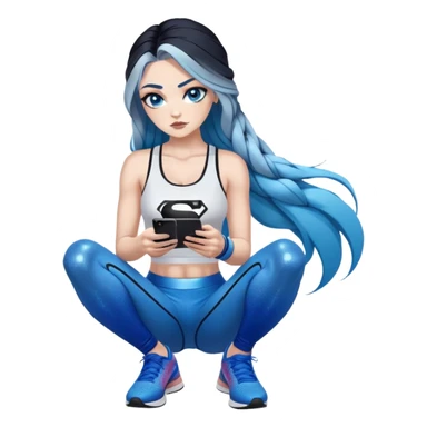 Shameful-Female-very very very large chest-texting on a samsung cell phone-very long straight braided black to sky blue hair ombre-blue eyes-black eyeliner-long eyelashes-iridescent low cut tank top with glitter superman logo-white leggings-nike high top sneakers sticker