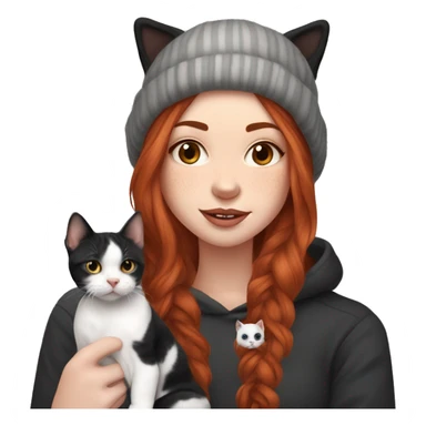 Long Red haired woman in beanie with septum piercing holding black and white English Staffordshire puppy and tabby cat sticker