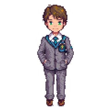 young boy in a Gilbert Inglefield school uniform, pixel art style sticker