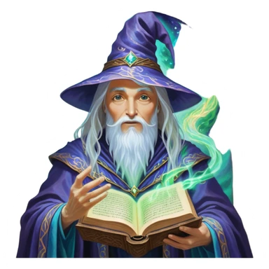 A luminescent enchanting Wizard stands beside a mystical spell book, his ethereal presence shimmering with otherworldly energy, each detail radiating with mystical power and ancient wisdom. The painting, a masterpiece of acrylic art, captures the Wizards hauntingly beautiful visage in exquisite detail. Swirls of cosmic colors dance around him, evoking a sense of celestial wonder, while intricate patterns of glowing runes adorn his intricate robe. The image is vivid and captivating, drawing viewers into a mesmerizing realm of fantasy and magic. sticker