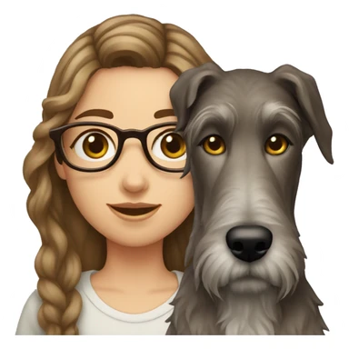 Brown wavy hair girl with glasses and an Irish wolfhound dog sticker