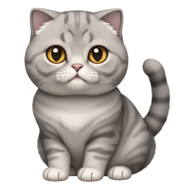  Cinematic-Scottish-Fold-Cat-Realistic-Full-Body-Sitting-Emoji – Tail curled playfully around its paws, head tilted dramatically, soft solid grey fur, signature folded ears adding to its distinctive charm, simplified yet realistic focused features, highly detailed, glowing with an almost sarcastic glow, round amber eyes radiating intelligence and mischief. sticker