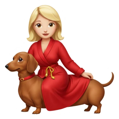 A blonde curvy woman riding on top of a dachshund wearing a red robe sticker