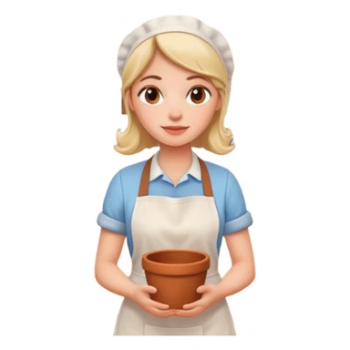 cartoon Apple iOS emoji style woman, pastel colors, Chilean wooden kitchen background, clay pots, warm light, detailed and clean vector art sticker