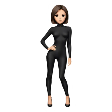 Victoria Beckham with light skin, short dark brown bob, black catsuit wearing black heels sticker