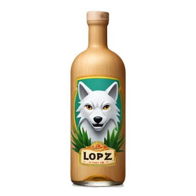 A tequila blanco classic long cylindrical bottle with a wolf on top of the label, "Lopez" on the middle, and agave plants on the bottom. The cap is made of light wood. sticker