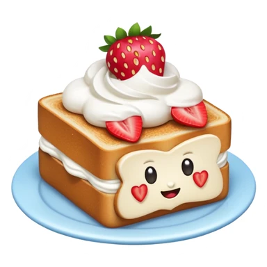 emoji illustration of a square toast topped with fluffy white cream, decorated with a strawberry bow made from two strawberry halves and a small sliced center, bright red and glossy, Clean soft shading, kawaii emoji style, centered object, no plate, no background, high detail, pastel tone sticker